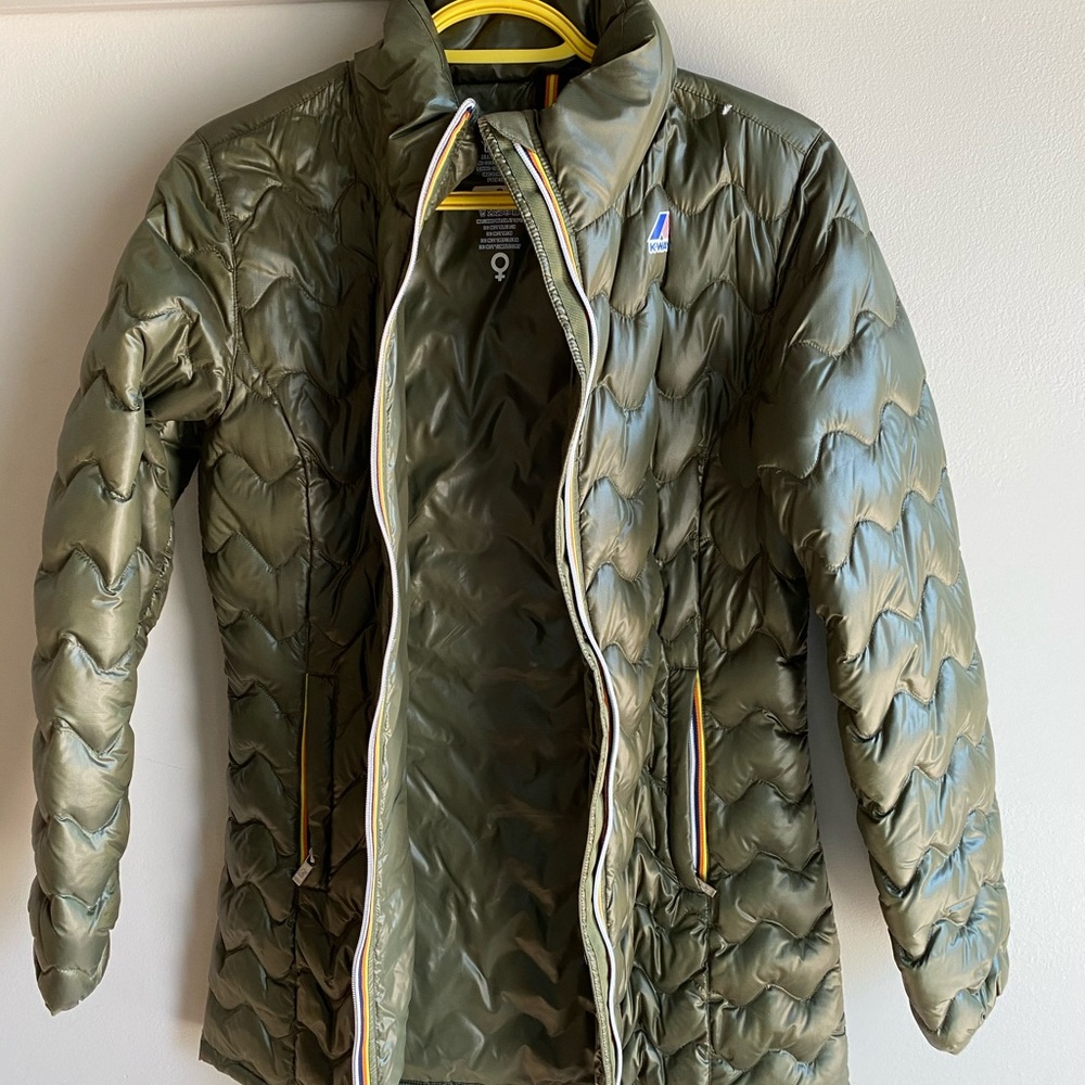 Pre-Loved K-Way Puffer Jacket in Khaki, Size 8